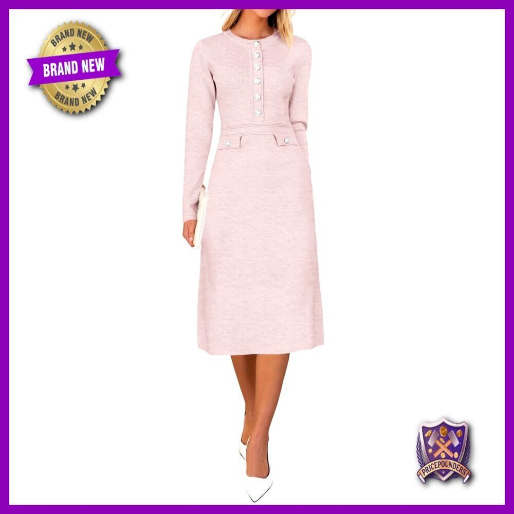 Knit Bodycon Sweater Dress Long Sleeve Crew Neck Button Decor Formal Midi